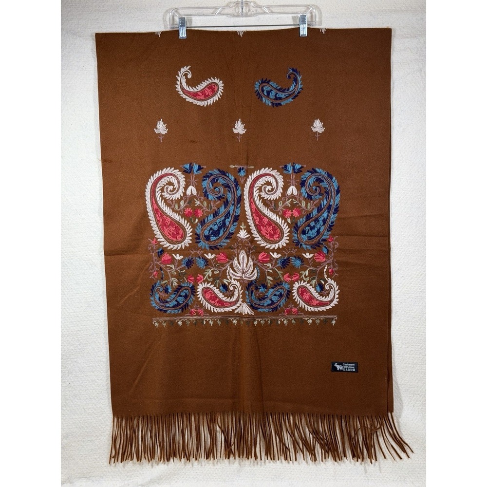 Vintage Cashmere Wool‎ Paisley Shawl Brown Embroidered Fringe Boho Cottagecore
